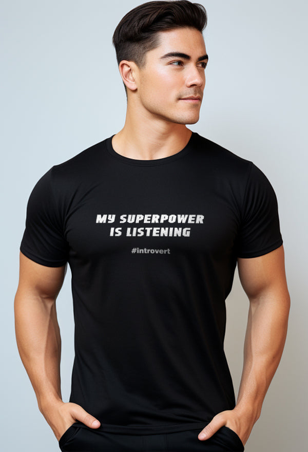 NTD34 kaos lightweight slim fit anti kusut stretch cepat kering "my superpower is listening" hitam