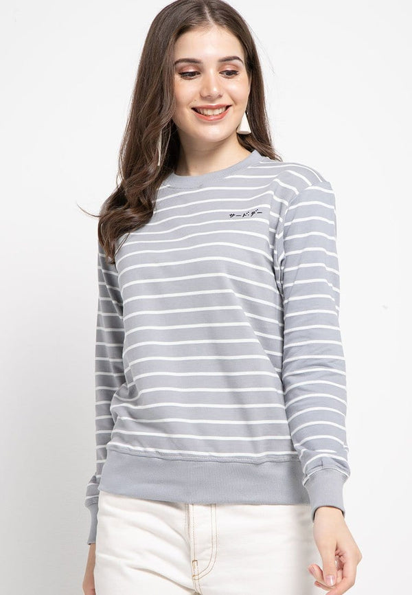 LO009 Thirdday sweater casual wanita dakir katakana stripe putih abu