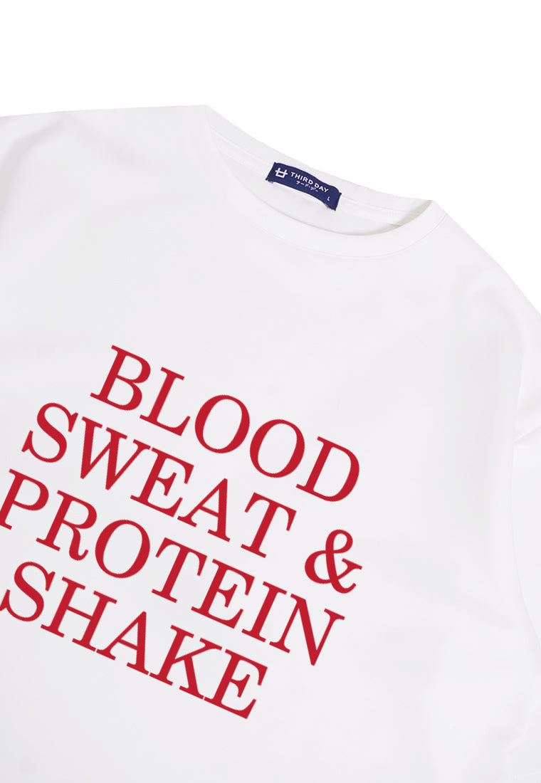 MTQ01 kaos oversize gym bahan scuba tebal pria distro "blood sweat protein shake" binaraga cowo putih