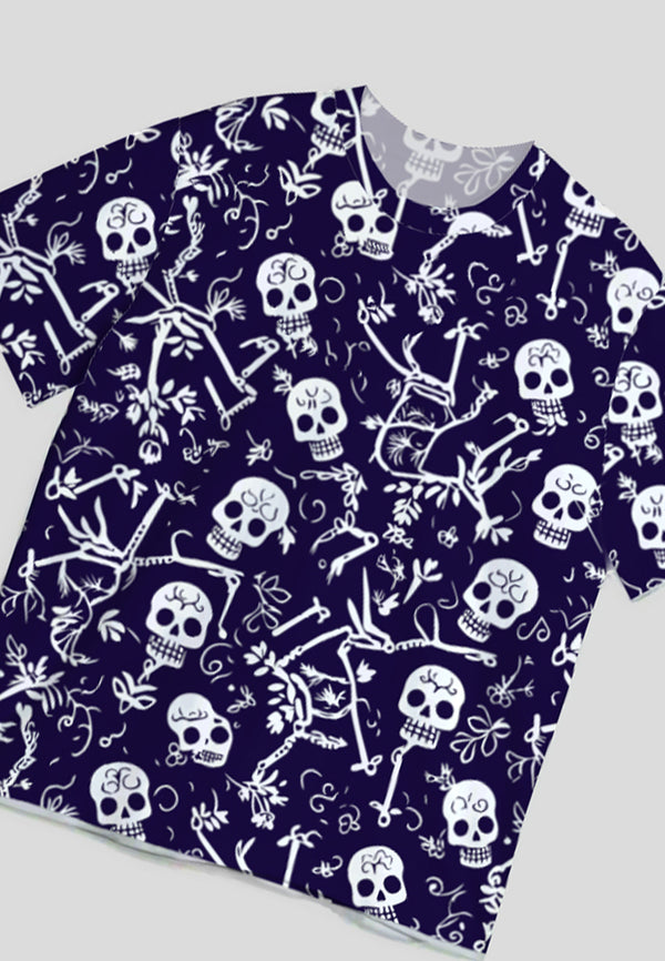 NX023 kaos oversize full gambar motif print bahan tebal light scuba "tengkorak skull" navy putih