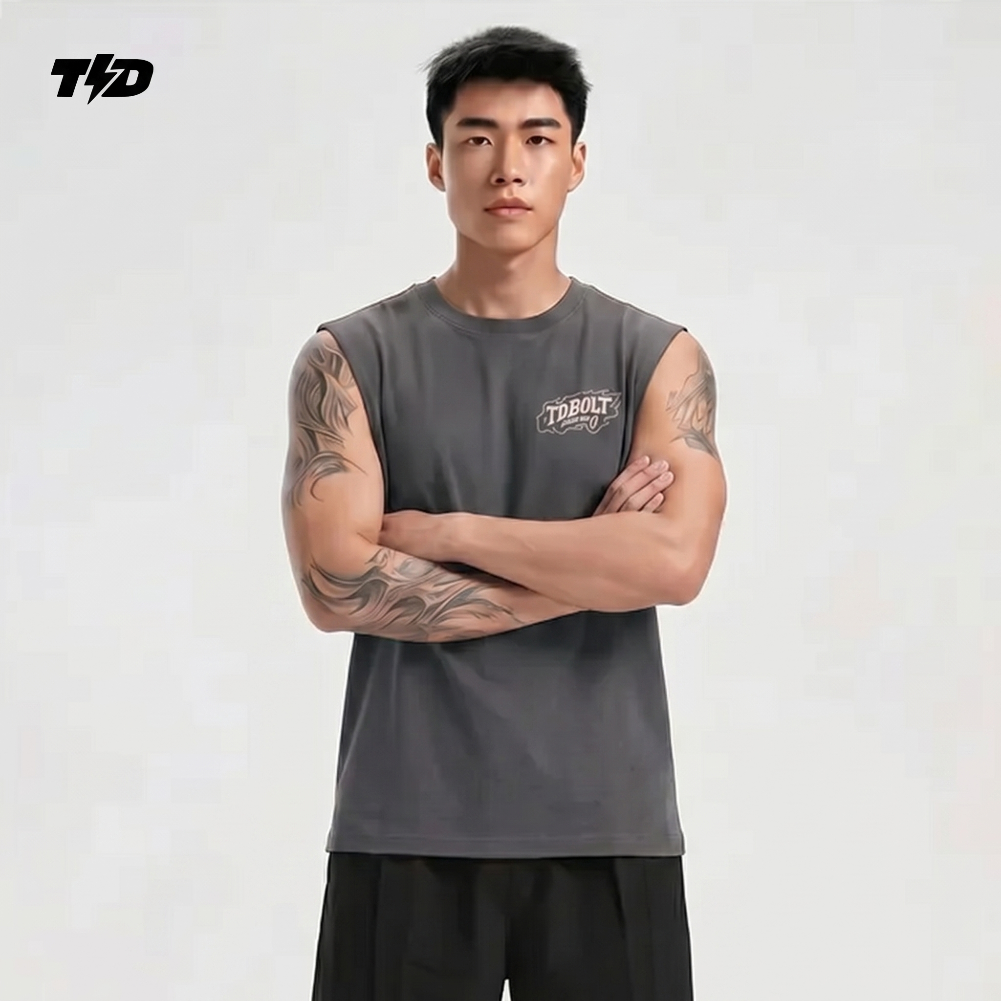 TDActive Kaos Gym Pria Tanpa Lengan Kalcer – Cloud Cotton Ringan Adem Drifit Lari - abu - Messy Pace MSB76