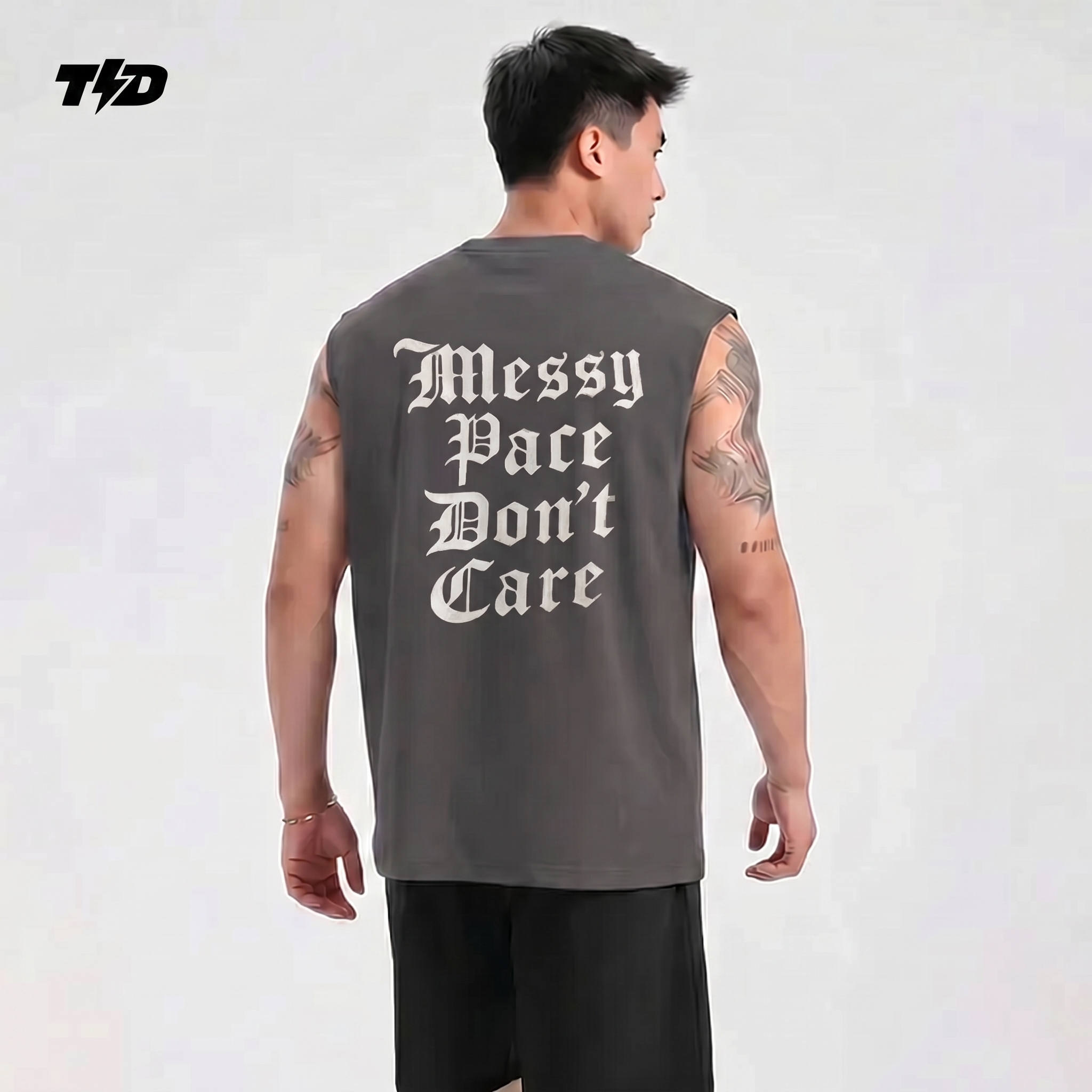 TDActive Kaos Gym Pria Tanpa Lengan Kalcer – Cloud Cotton Ringan Adem Drifit Lari - abu - Messy Pace MSB76