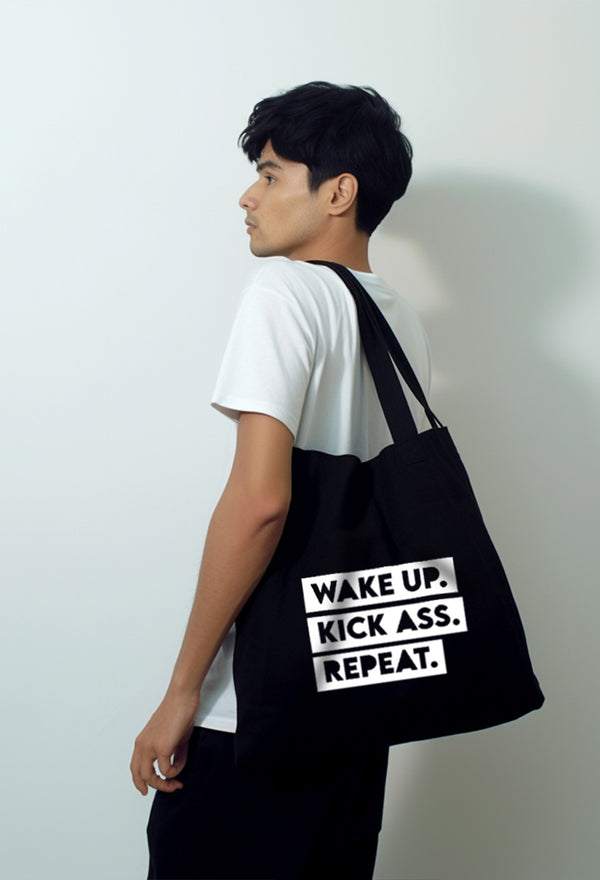 AMC90 totebag aesthetic kanvas pria wanita hitam black "wake up kick ass"