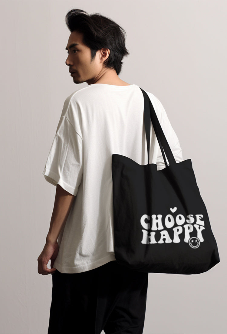 AMC91 totebag aesthetic kanvas pria wanita hitam black "choose happy"