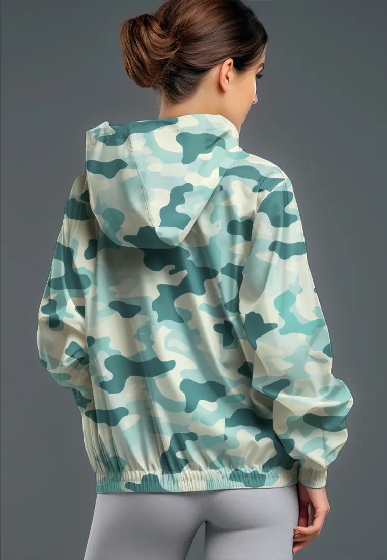 LSC90 jaket lari wanita parasut motif "green white camo" putih multicolor