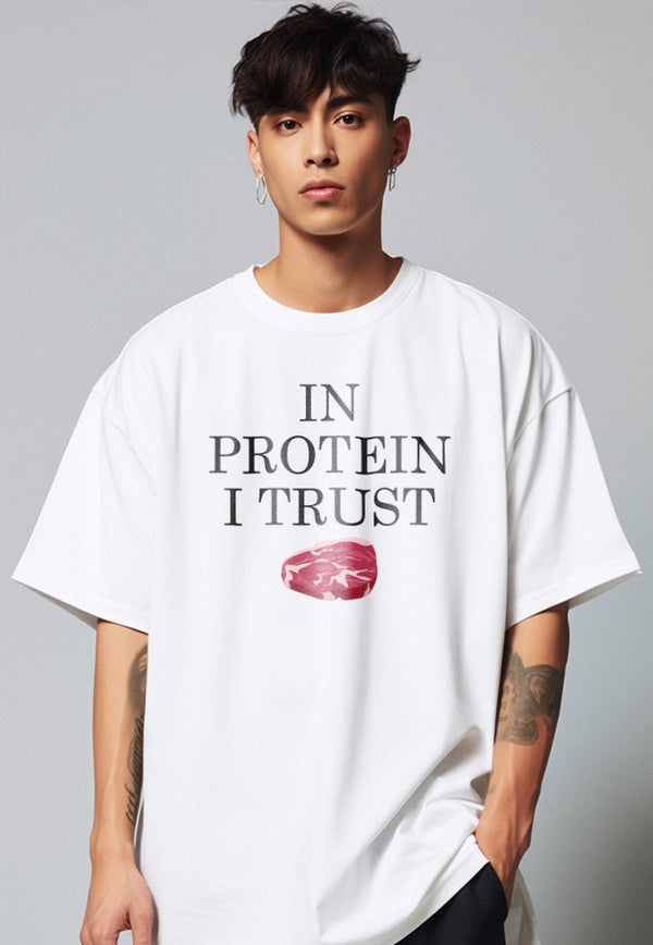 MTQ68 kaos oversize gym t shirt bodybuilder bahan tebal scuba pria "in protein i trust" putih