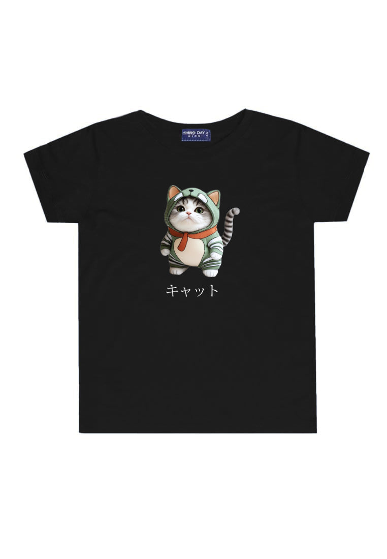 KU048 Kaos Anak Bahan Adem Halus "kucing costume" hitam