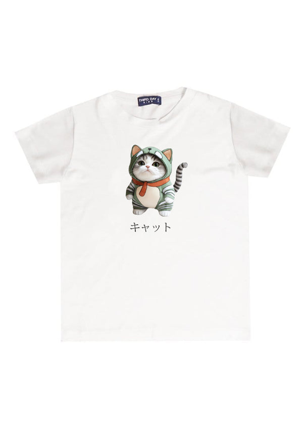 KU049 Kaos Anak Bahan Adem Halus "kucing costume" putih