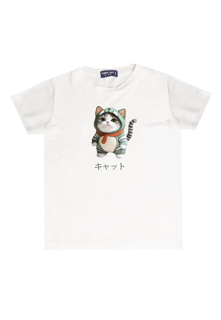 KU049 Kaos Anak Bahan Adem Halus "kucing costume" putih