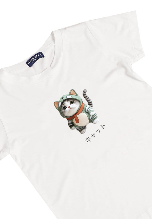 KU049 Kaos Anak Bahan Adem Halus "kucing costume" putih