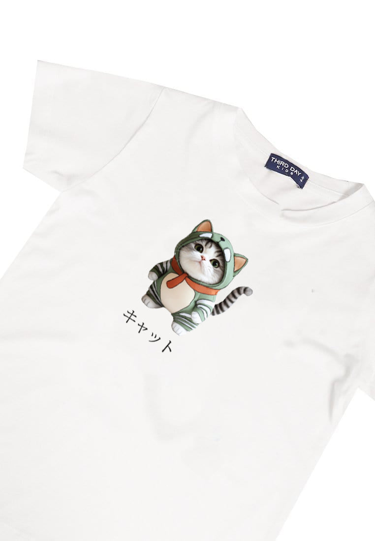 KU049 Kaos Anak Bahan Adem Halus "kucing costume" putih