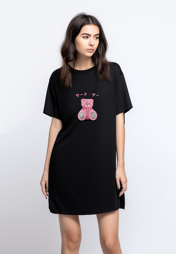 TDLA LC037 LD long Dress beruang pink hitam