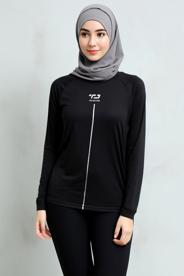 Td Active LS011 l-s Raglan Hitam Kaos Olahraga Wanita