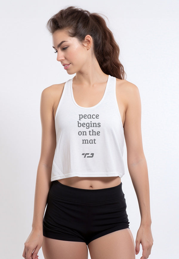 LSB46 tengtop tanktop tangtop olahraga gym running lari zumba tanpa busa tanpa bra UAT putih "peace begins on the mat" putih