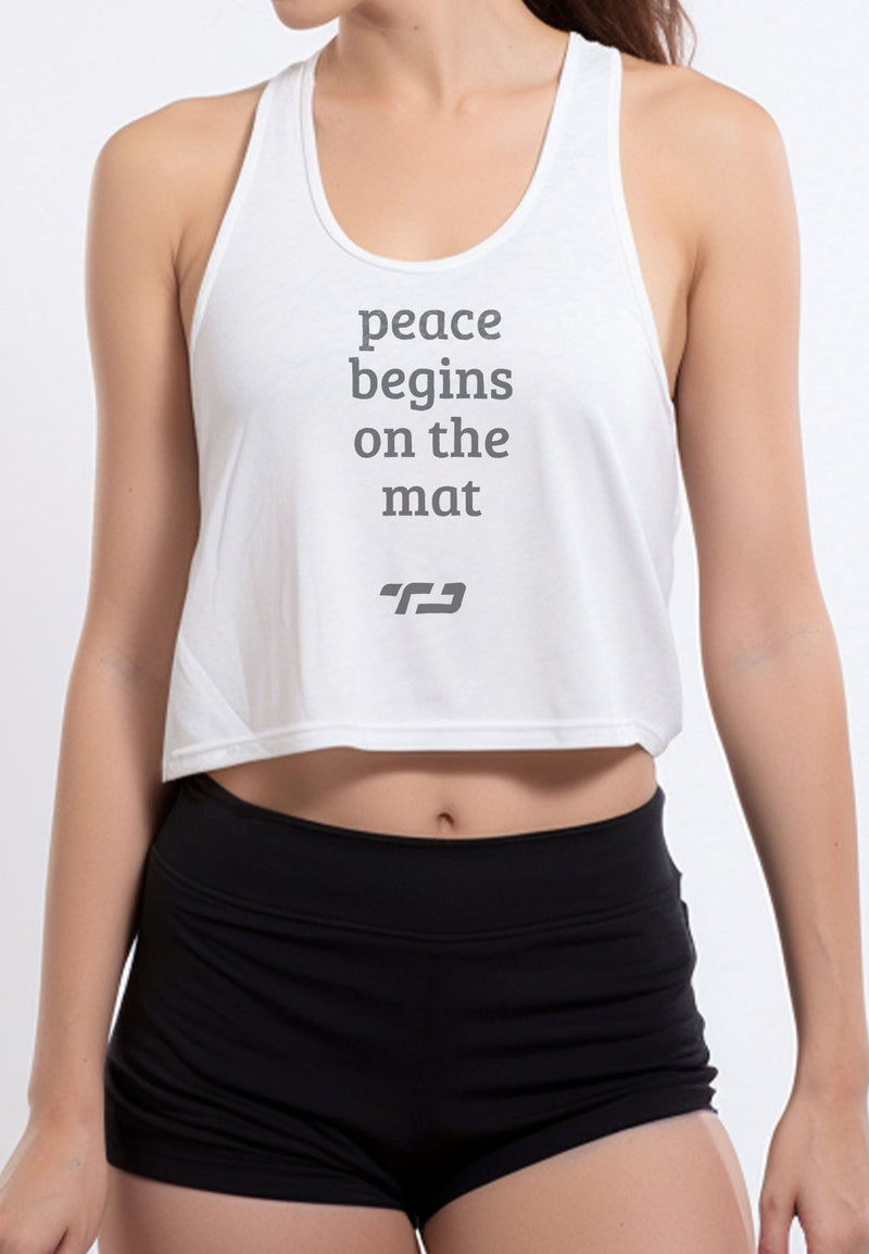 LSB46 tengtop tanktop tangtop olahraga gym running lari zumba tanpa busa tanpa bra UAT putih "peace begins on the mat" putih