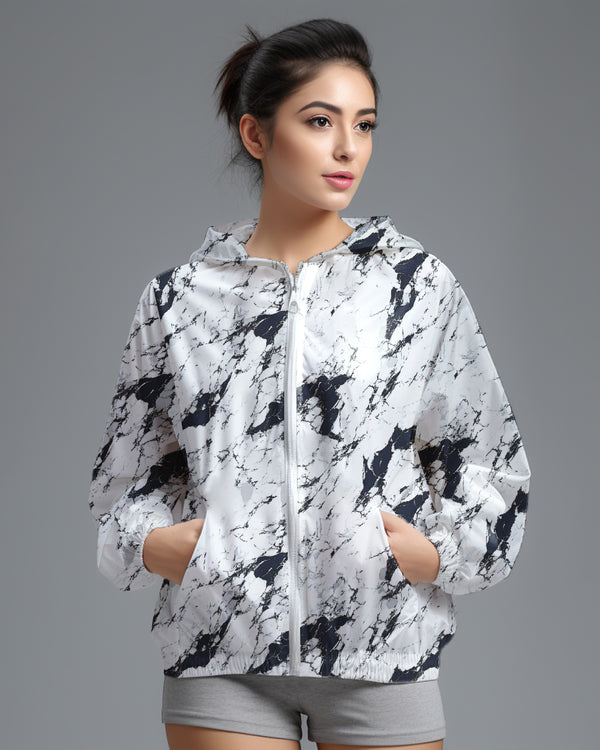LSD74 Jaket Lari Olahraga Wanita Parasut motif "white marble" putih