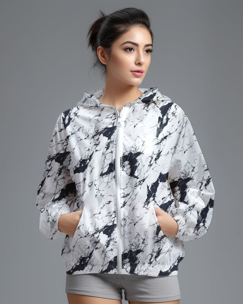 LSD74 Jaket Lari Olahraga Wanita Parasut motif "white marble" putih