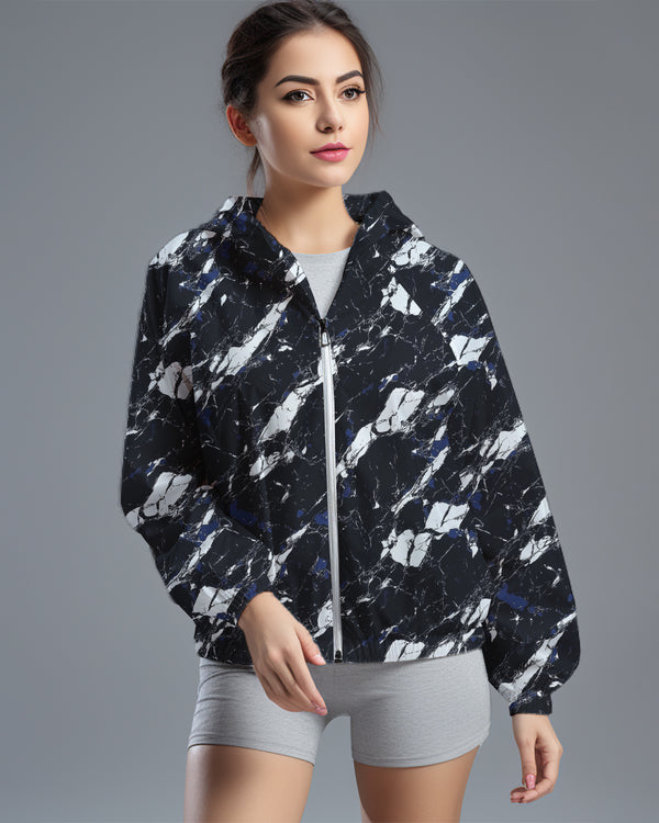 LSD75 Jaket Lari Olahraga Wanita Parasut motif "marble" hitam