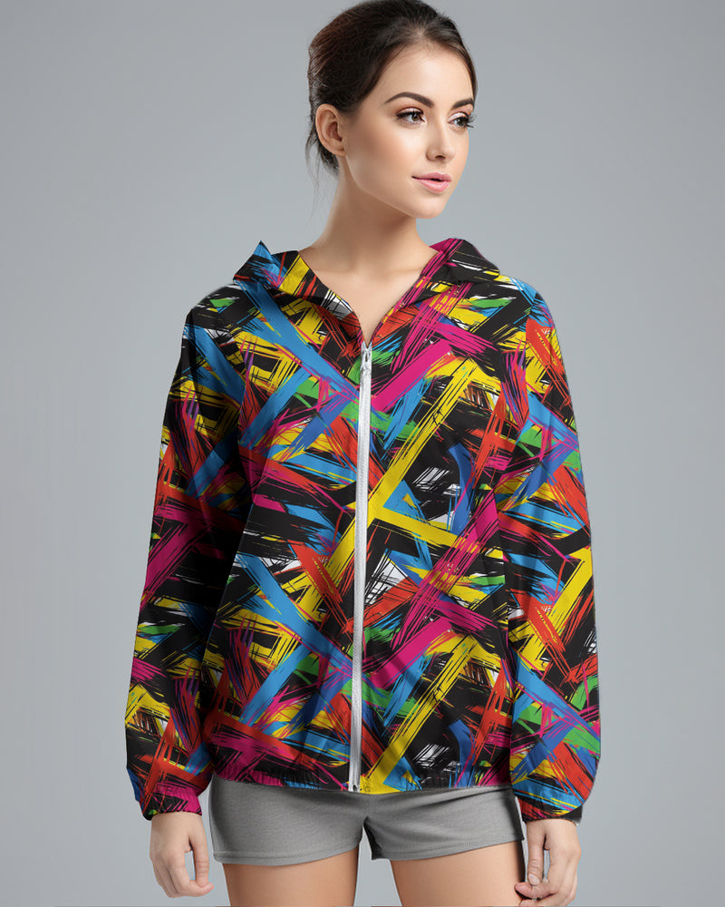 LSD77 Jaket Lari Olahraga Wanita Parasut motif "abstrak cmyk" hitam