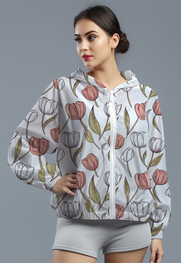 LSD82 jaket lari wanita parasut motif "white orange roses" putih multicolor