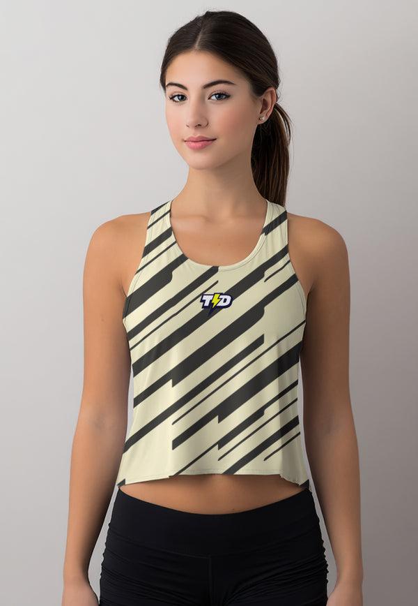 LSD95 Crop Tank Top Running Gym "diagonal slashes" krem - hitam