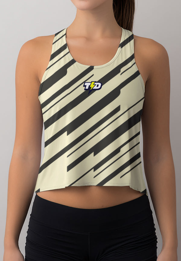 LSD95 Crop Tank Top Running Gym "diagonal slashes" krem - hitam