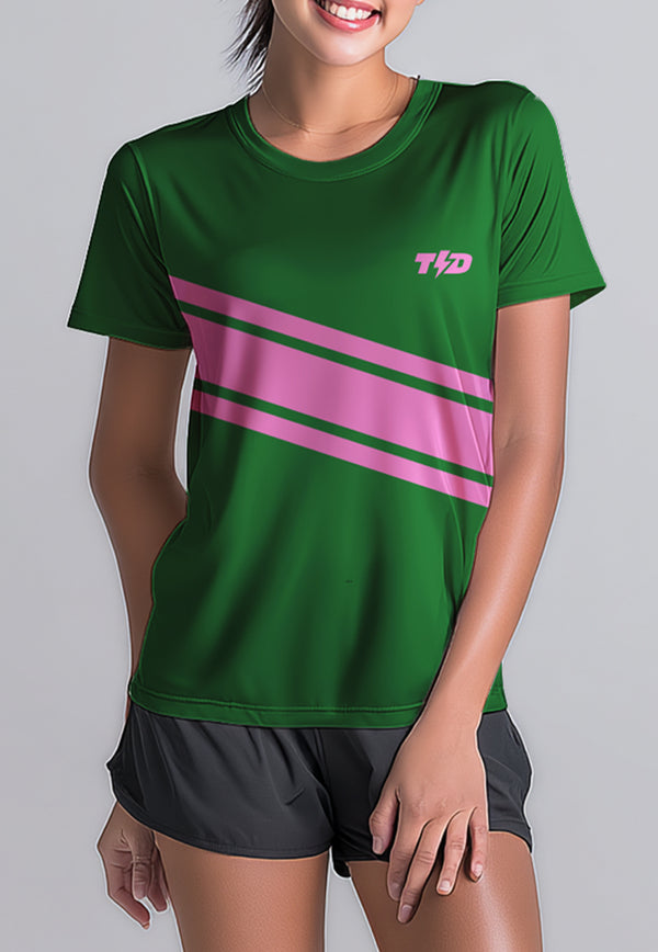 LSE02 Kaos Lari Wanita Lengan Pendek Drifit Hijau Pink Solidaritas 3stripe tdbolt