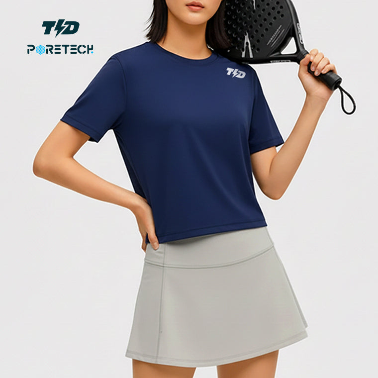 LSE60 Kaos Padel Top Crop T Shirt Olahraga Dryfit Wanita navy, PORETECH