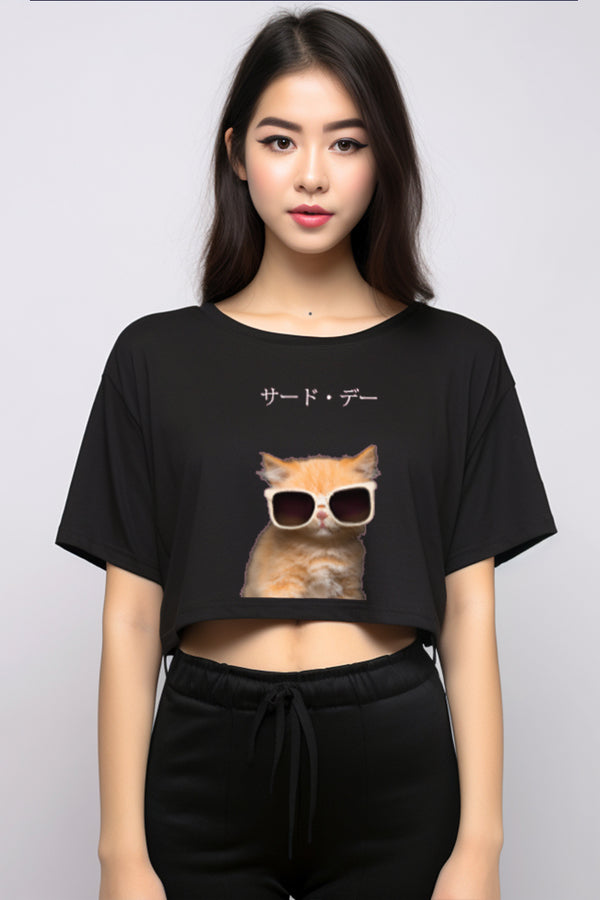 TDLA LTE33 crop top OLC oversize kucing berkacamata jepang hitam