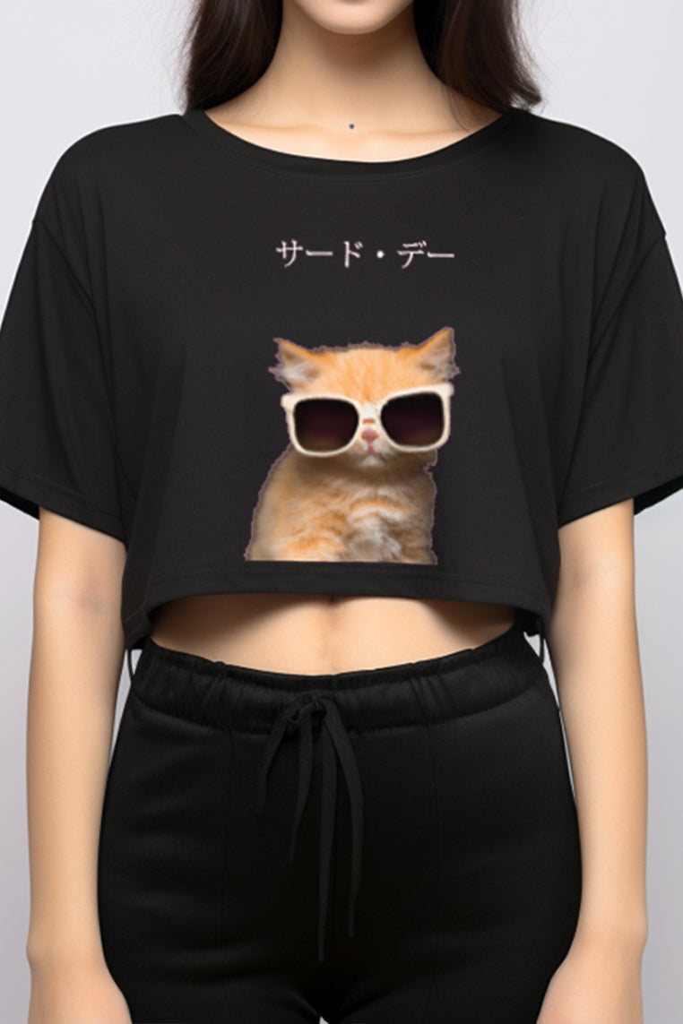 TDLA LTE33 crop top OLC oversize kucing berkacamata jepang hitam