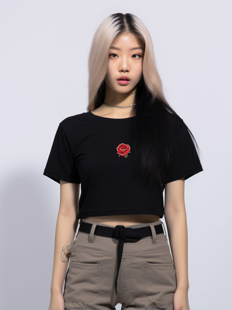 LTE73 oversize crop top bunga OLC merah dateng rose hitam