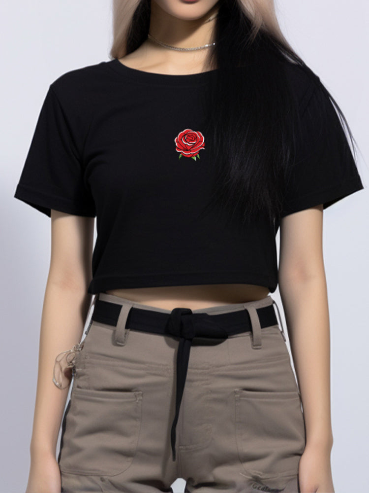 LTE73 oversize crop top bunga OLC merah dateng rose hitam