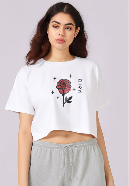 LTE75 crop top oversize bunga rose mawar tulisan jepang OLC putih