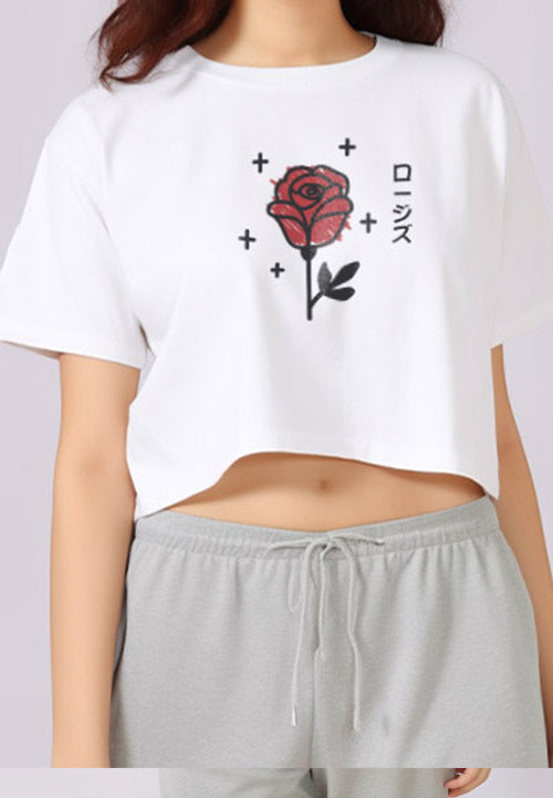 LTE75 crop top oversize bunga rose mawar tulisan jepang OLC putih