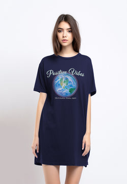 LTE81 ld kaos oversize dress wanita positive vibes earth navy