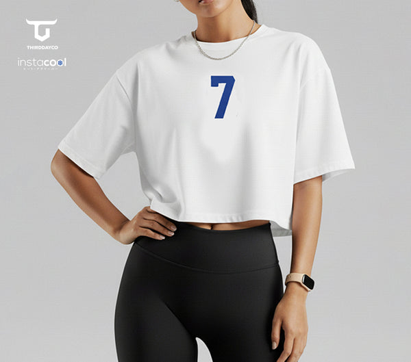 LTE90 kaos crop top oversize OLC wanita tulisan simpel "7" putih