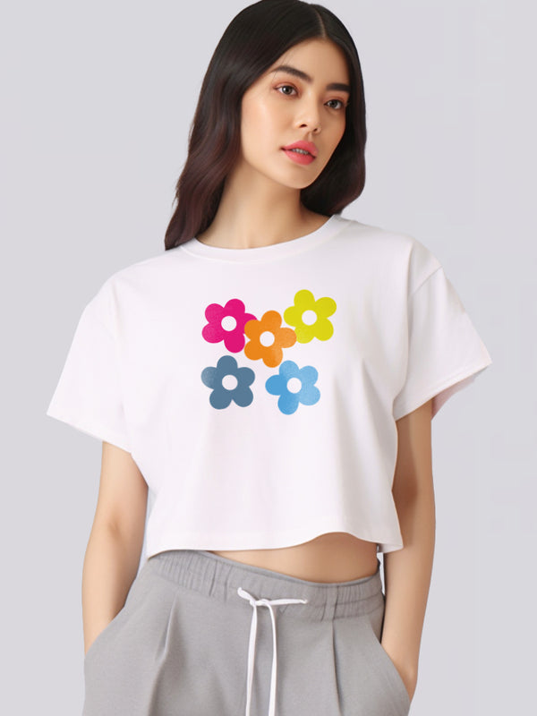 LTE92 kaos crop top oversize OLC wanita tulisan simpel "colorful simple flowers" putih