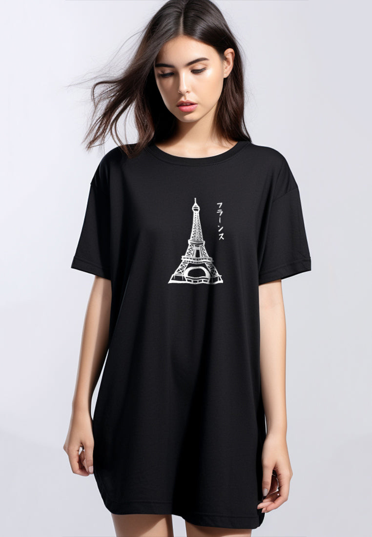 LTE93 long dress korean style kaos casual "france katakana" hitam