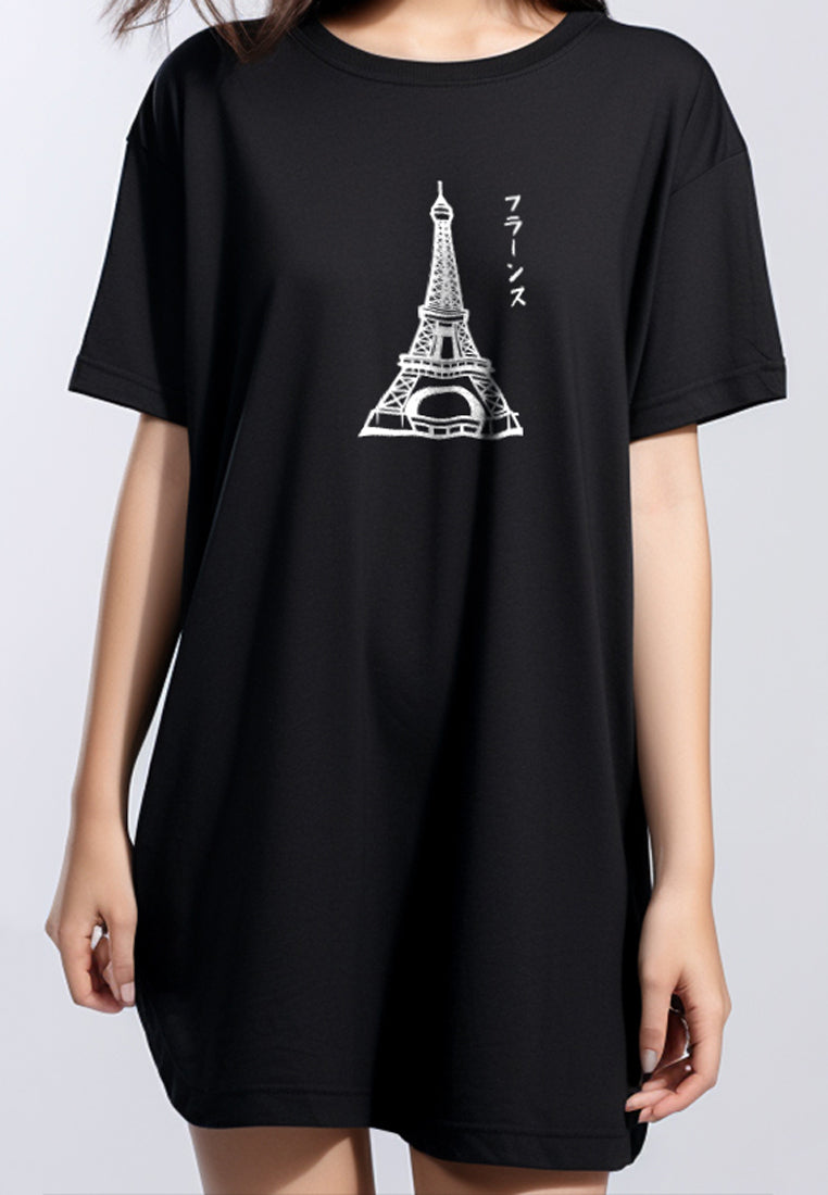 LTE93 long dress korean style kaos casual "france katakana" hitam