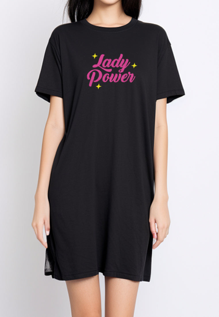 LTE95 long dress kaos korean style casual "lady power" hitam