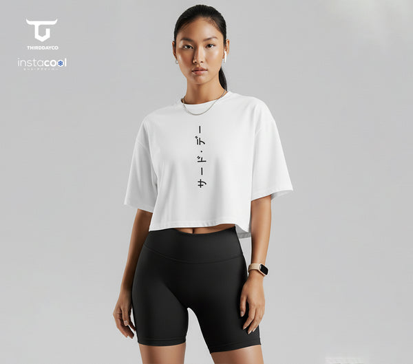 LTF12 kaos oversize crop top wanita instacool OLC katakana ver putih