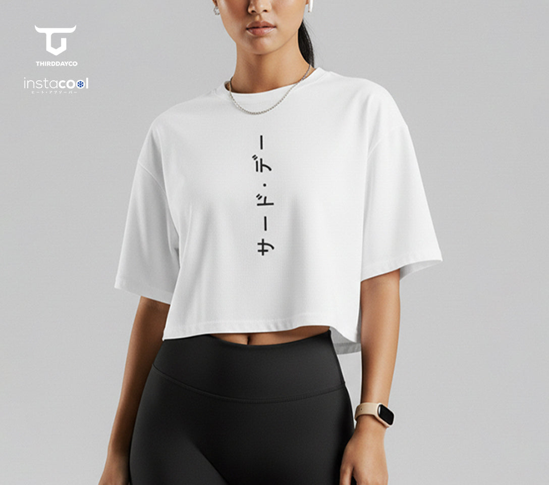 LTF12 kaos oversize crop top wanita instacool OLC katakana ver putih