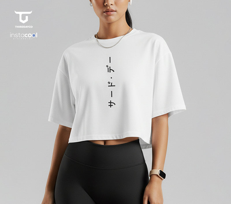 LTF12 kaos oversize crop top wanita instacool OLC katakana ver putih