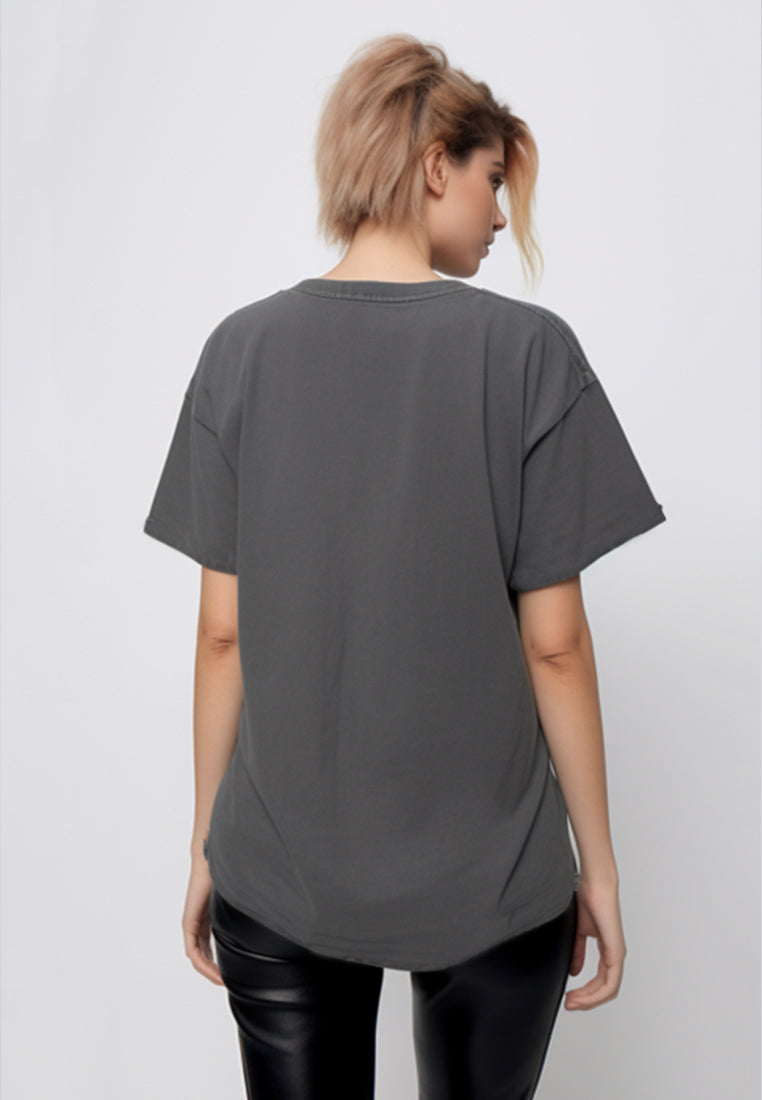 LTF36 kaos oversize wanita dark grey washed washing efek kaos band grunge distressed 