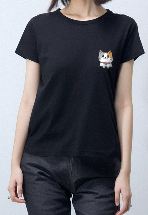 LTF57 Kaos Couple Wanita Tangan Pendek Gambar Kucing "Pocket Cats" Instacool Hitam