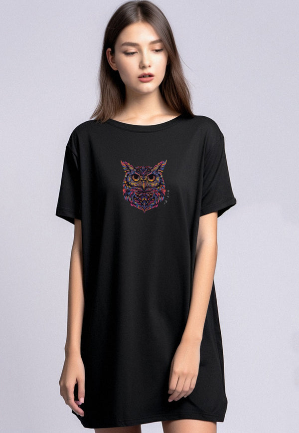 LTF58 kaos dress loose wanita long instacool "owl katakana" hitam