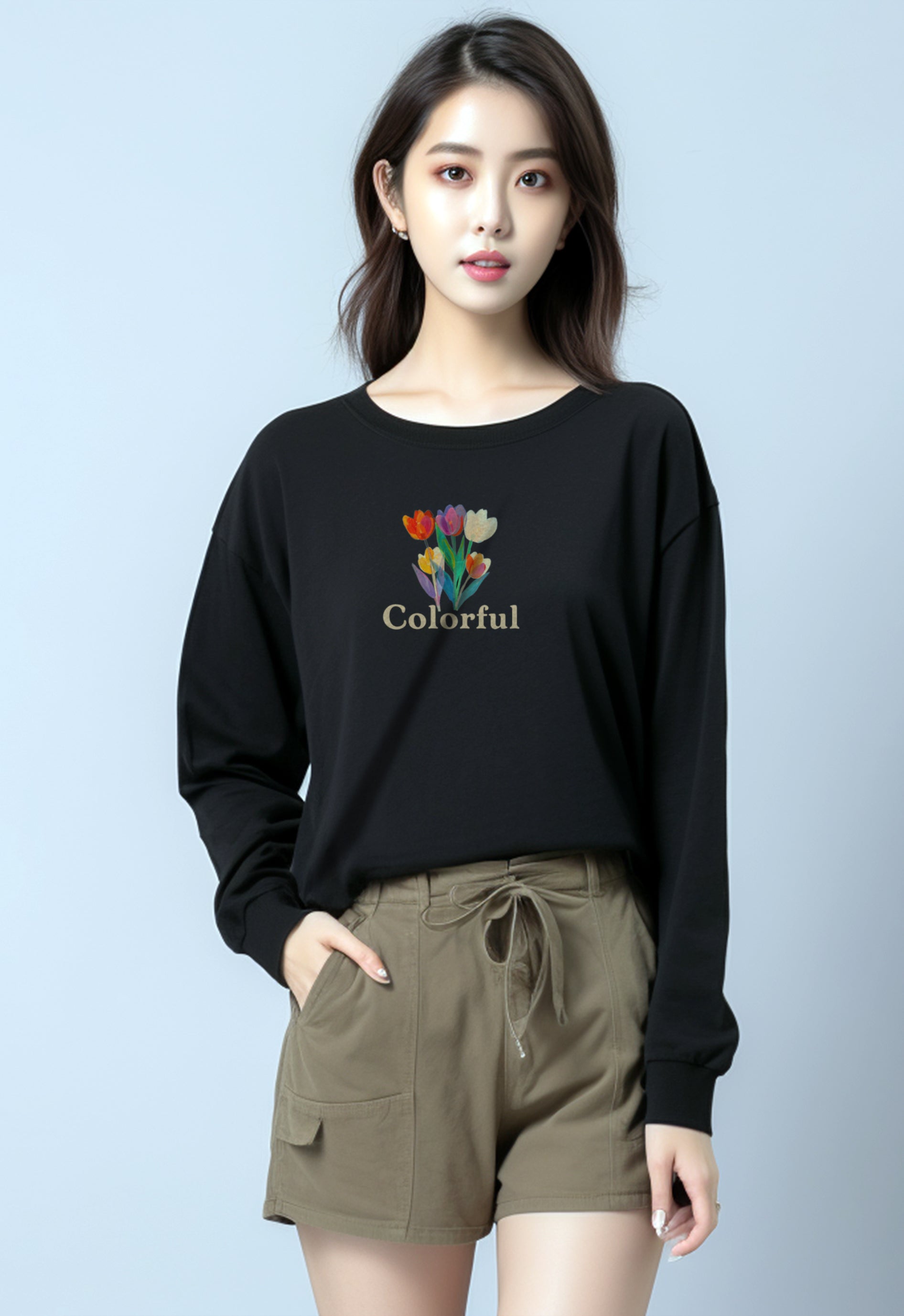 LTF74 Kaos Wanita Gambar Bunga Lengan Panjang 