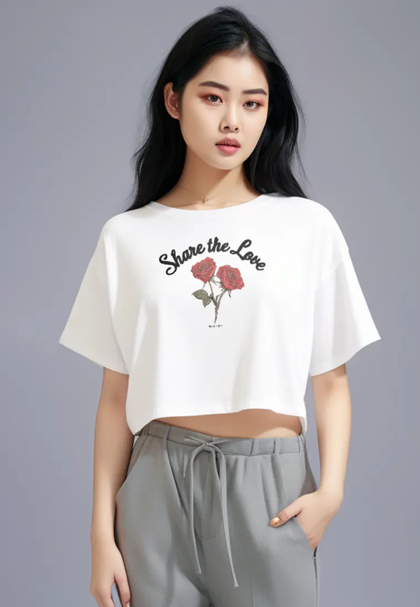 LTG36 Kaos gambar bunga mawar oversize olc "share the love" putih