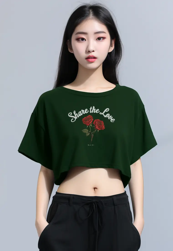 LTG38 Kaos gambar bunga mawar oversize olc "share the love" hijau army