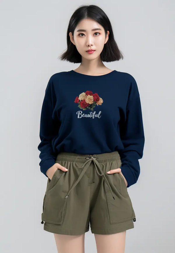 LTG43 Kaos gambar bunga tangan panjang wanita LV "beautiful flower" navy